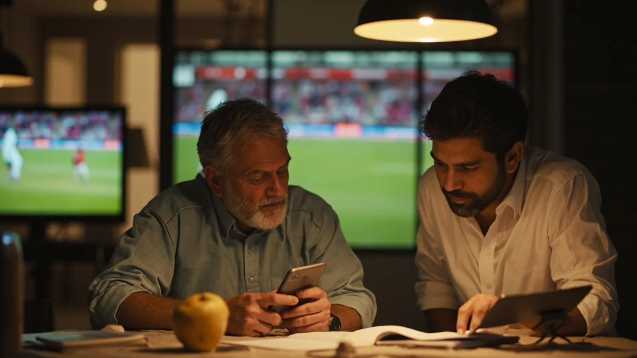 Calm household budgeting conversation after a cricket match — independent editorial reference for responsible play and account safety